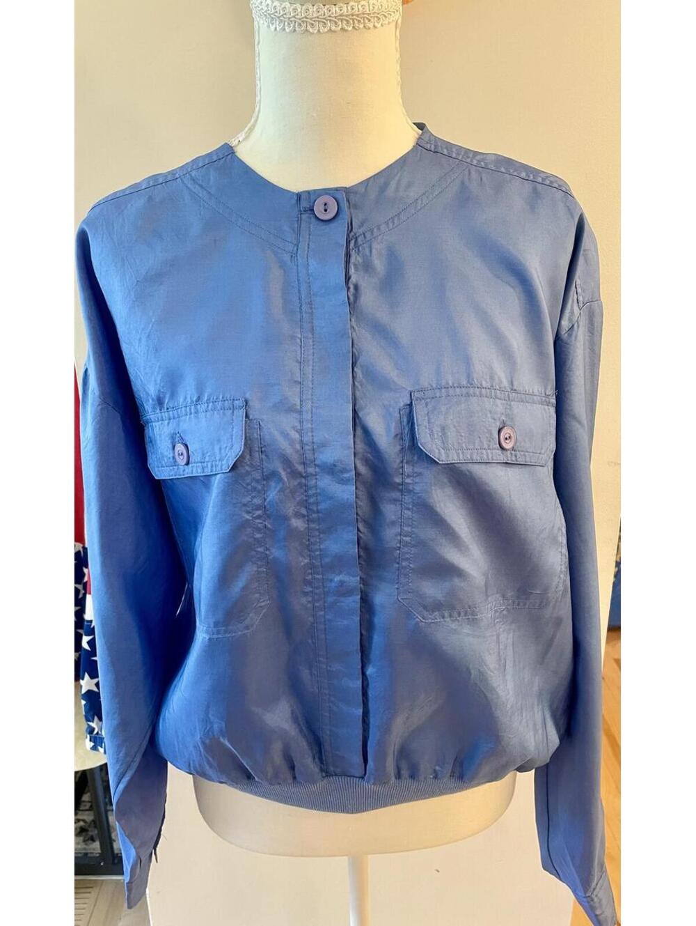 Vintage 80s Josephine Blue Satin Button-Front Bomber Jacket Size L